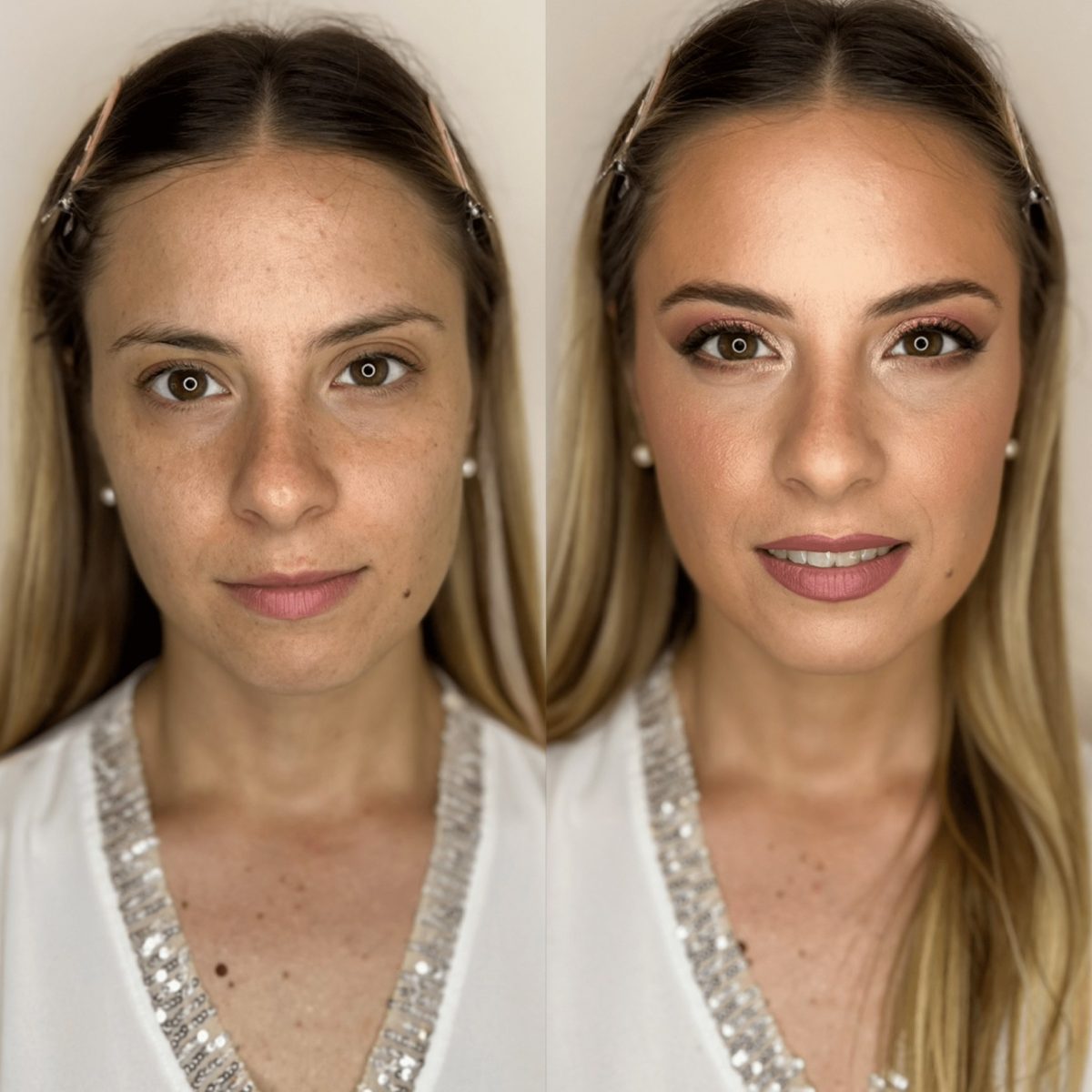 Trucco sposa con occhi definiti, prima e dopo